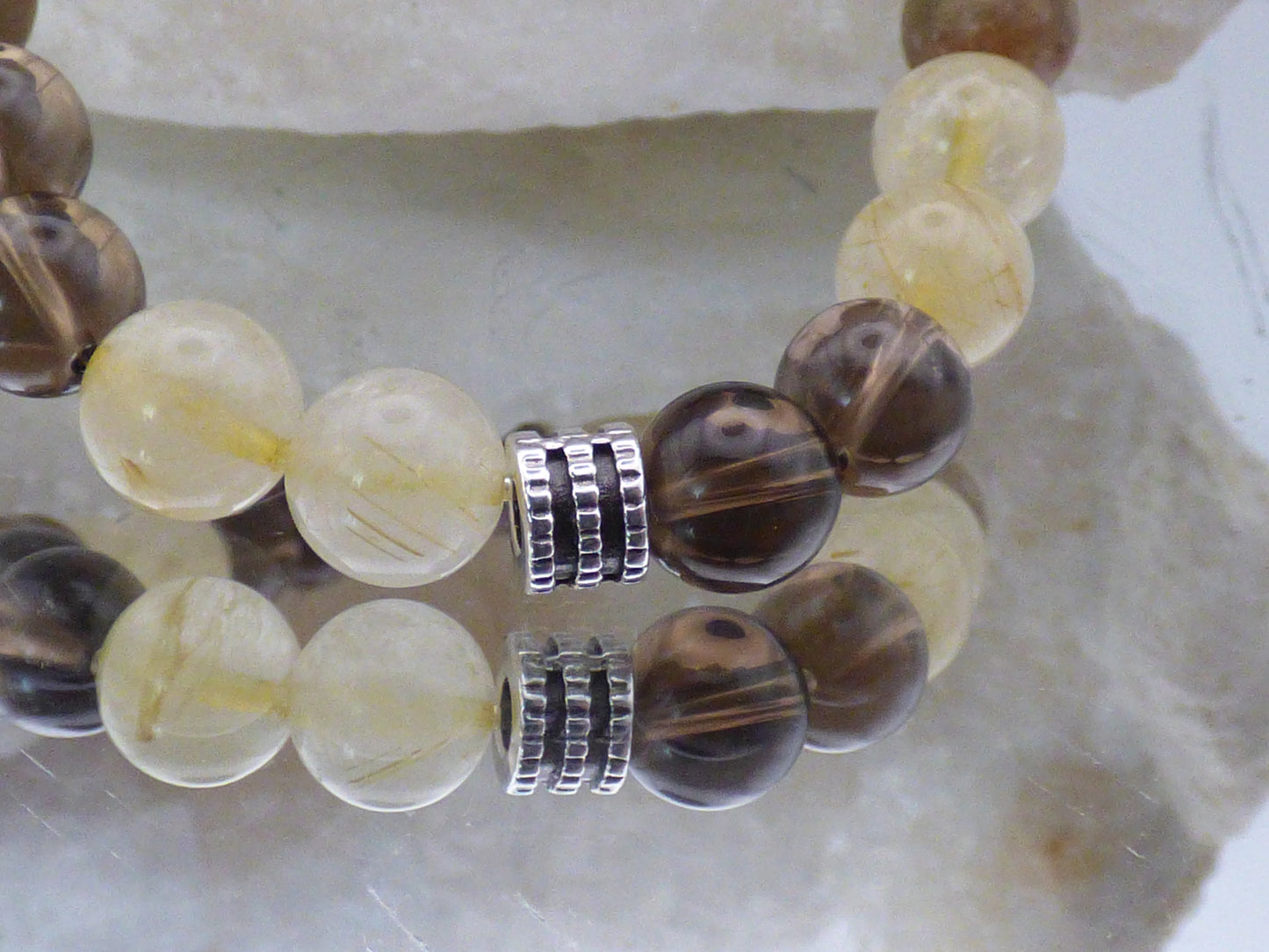 Bracelet en Quartz fumé /quartz rutilé/ Jaspe léopard