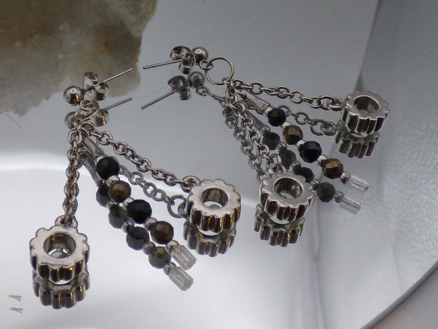 Parure boucles et pendentif en pyrite et tourmaline noir
