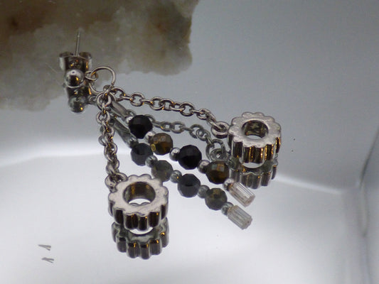 Parure boucles et pendentif en pyrite et tourmaline noir