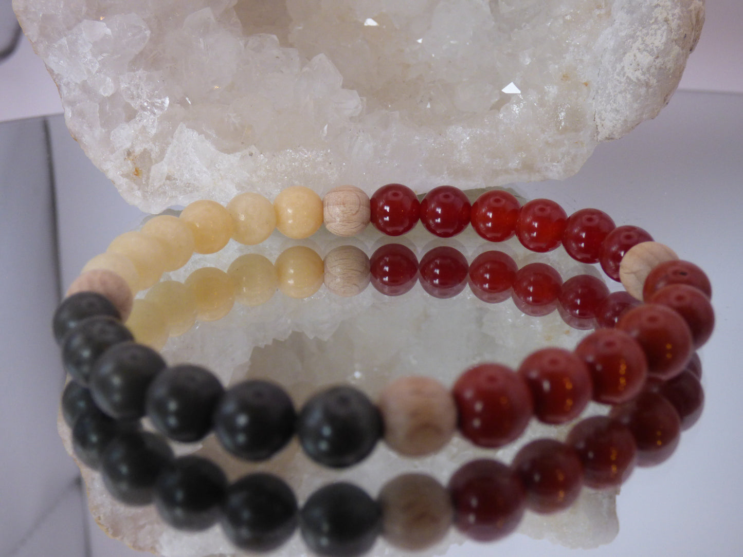 Bracelet homme jaspe rouge/cornaline/calcite jaune/pyrite